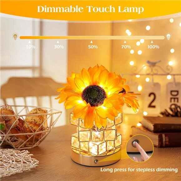 Sunflower Table Lamp Rechargeable Touch Night Light 3 Color Dimmable Gift for Wo - Picture 2 of 7